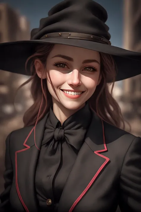 <lora:w3st:1> close up, w3st portrait, woman, black suit, smile