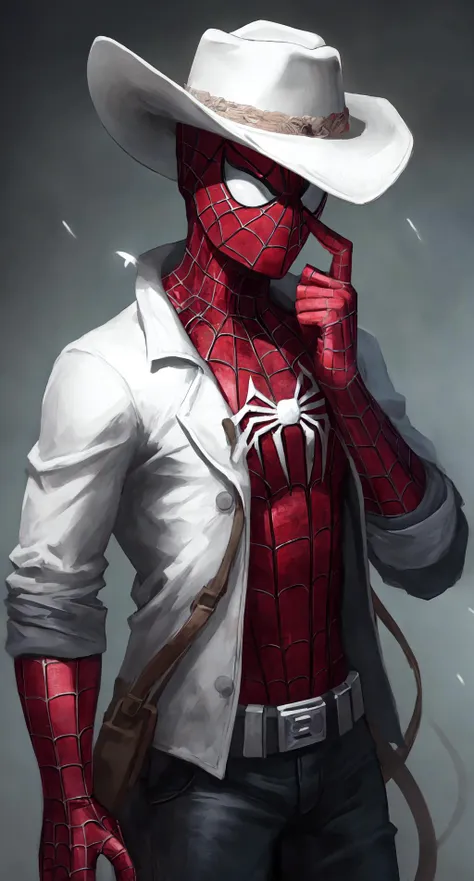 <lora:w3st:0.8> w3st spider-man portrait, white jacket, focus, serious look, cowboy hat
