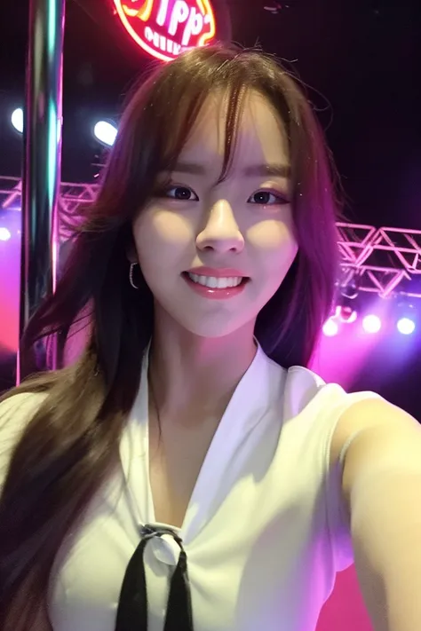 (((selfie))), realistic, (long hair),  (((pole dancing on stage at a strip club))), (perky breasts), ((wearing a school uniform )), (smiling at the camera), ((((hyun)))), ((((sohyun)))), <lyco:hyun__v2:1>, 