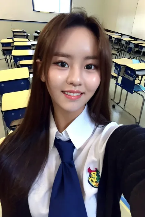 (((selfie))), realistic, (long hair),  (((in a classroom))), (perky breasts), ((wearing a school uniform)), (smiling at the camera), ((((hyun)))), ((((sohyun)))), <lyco:hyun__v2:1>,  <lora:jpschooluniformskirt_v10:0.5>