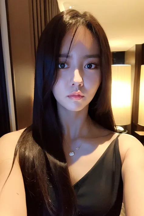 (((selfie))), realistic, (long hair),  (((at a fancy hotel))), (perky breasts), ((wearing a conservative little black dress)), (looking at the camera), ((((hyun)))), ((((sohyun)))), <lyco:hyun__v2:1>