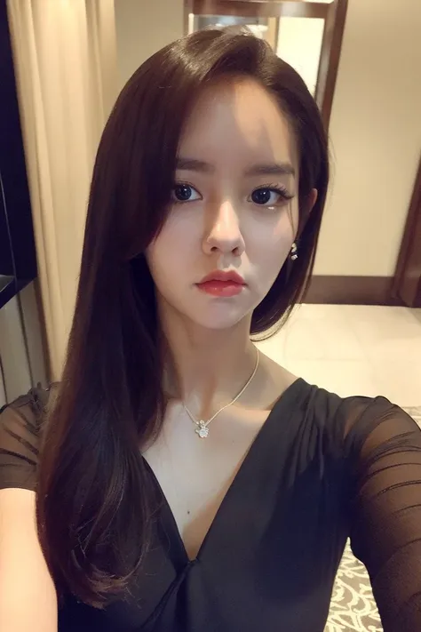 (((selfie))), realistic, (long hair),  (((at a fancy hotel))), (perky breasts), ((wearing a conservative little black dress)), (looking at the camera), ((((hyun)))), ((((sohyun)))), <lyco:hyun__v2:1>,  dark 