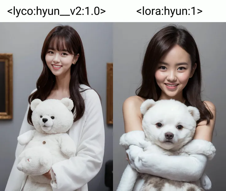 masterpiece, best quality,closed mouth, looking at viewer, full body, alluring, clean, beautiful face, pure face, pale skin, little smile, a woman wearing a white bear costume with long hair and a smile on her face, posing for a picture with a white background and gray background, <lyco:hyun__v2:1.0>,