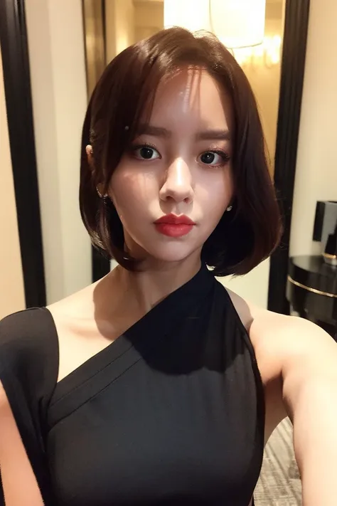 (((selfie))), realistic, (long hair),  (((at a fancy hotel))), (perky breasts), ((wearing a conservative little black dress)), (looking at the camera), ((((hyun)))), ((((sohyun)))), <lyco:hyun__v2:1>