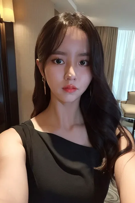 (((selfie))), realistic, (long hair),  (((at a fancy hotel))), (perky breasts), ((wearing a conservative little black dress)), (looking at the camera), ((((hyun)))), ((((sohyun)))), <lyco:hyun__v2:1>