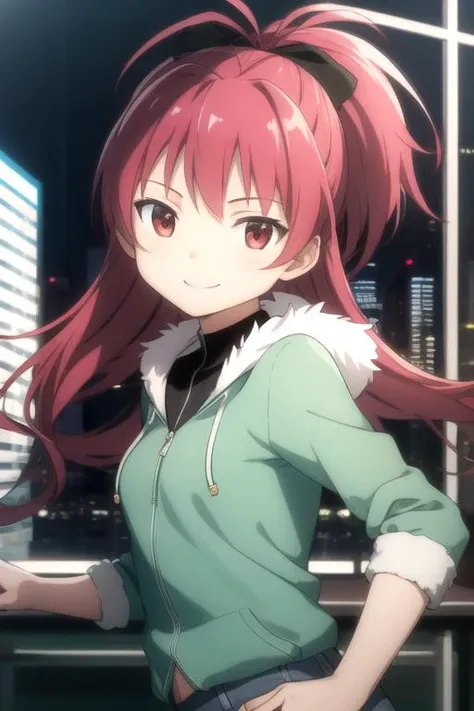 ((masterpiece)),(best quality),official art,extremely detailed CG,unity 8k wallpaper,ultra detailed,beautiful detailed eyes,extremely detailed face,city,1girl,solo,upper body,looking at viewer,facing viewer,smile,antenna hair,long_hair,red_hair,hair_bow,high_ponytail,sidelocks,bangs,red_eyes,light green hoodie,small breasts,denim_shorts,fur-trimmed shorts,boots,black footwear,<lora:Sakura Kyouko(pmmm)>,