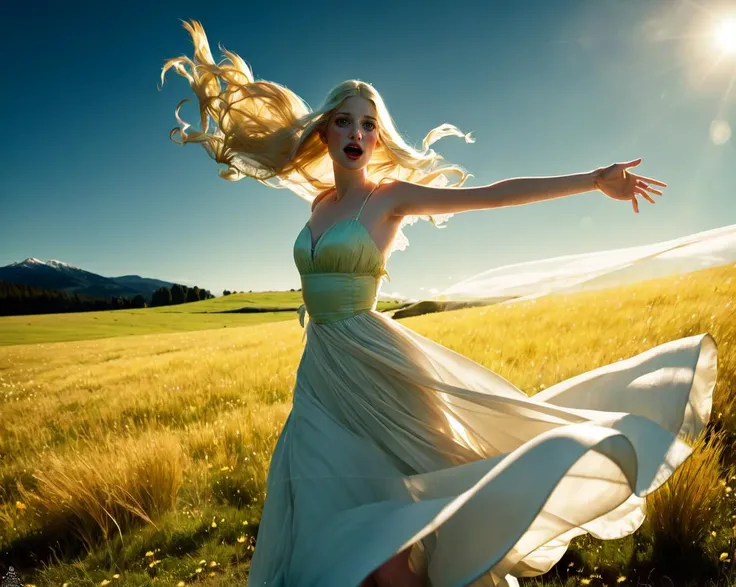 CharlotteStokely, woman,
"Whispers of the Wind": The camera hovers just above the ground, capturing her as she twirls in a sunlit meadow. The shot follows her movement, tracing the delicate sway of her gown and the gentle breeze that rustles through the grass, creating a serene and enchanting scene.