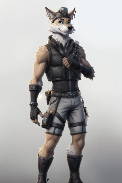 <lora:wendell-07:0.9>, wendell, (pose:1.3), (posing:1.3), (soft shading), 4k, hi res, five fingers, detailed hands, ((detailed face, (detailed eyes:1.3), detailed)), (full body), fortnite, fortnite style, by zackarry911, by zaush, (by personalami:0.5) solo, looking at viewer, smile, simple background, shirt, gloves, 1boy, hat, white background, bare shoulders, jewelry, standing, full body, male focus, earrings, shorts, sleeveless, black gloves, belt, fingerless gloves, vest, black shirt, goggles, claws, white shorts, toeless legwear
