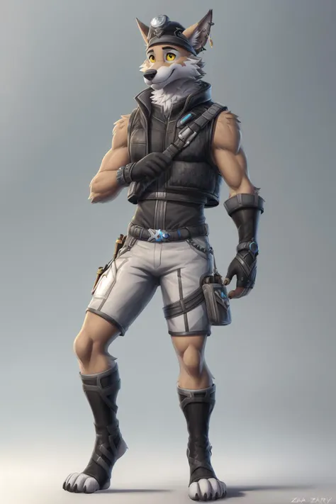 <lora:wendell-07:0.9>, wendell, yellow sclera, (pose:1.3), (posing:1.3), (soft shading), 4k, hi res, five fingers, detailed hands, ((detailed face, (detailed eyes:1.3), detailed)), (full body), fortnite, fortnite style, by zackarry911, by zaush, (by personalami:0.5) solo, looking at viewer, smile, simple background, shirt, gloves, 1boy, hat, white background, bare shoulders, jewelry, standing, full body, male focus, earrings, shorts, sleeveless, black gloves, belt, fingerless gloves, vest, black shirt, goggles, claws, white shorts, toeless legwear