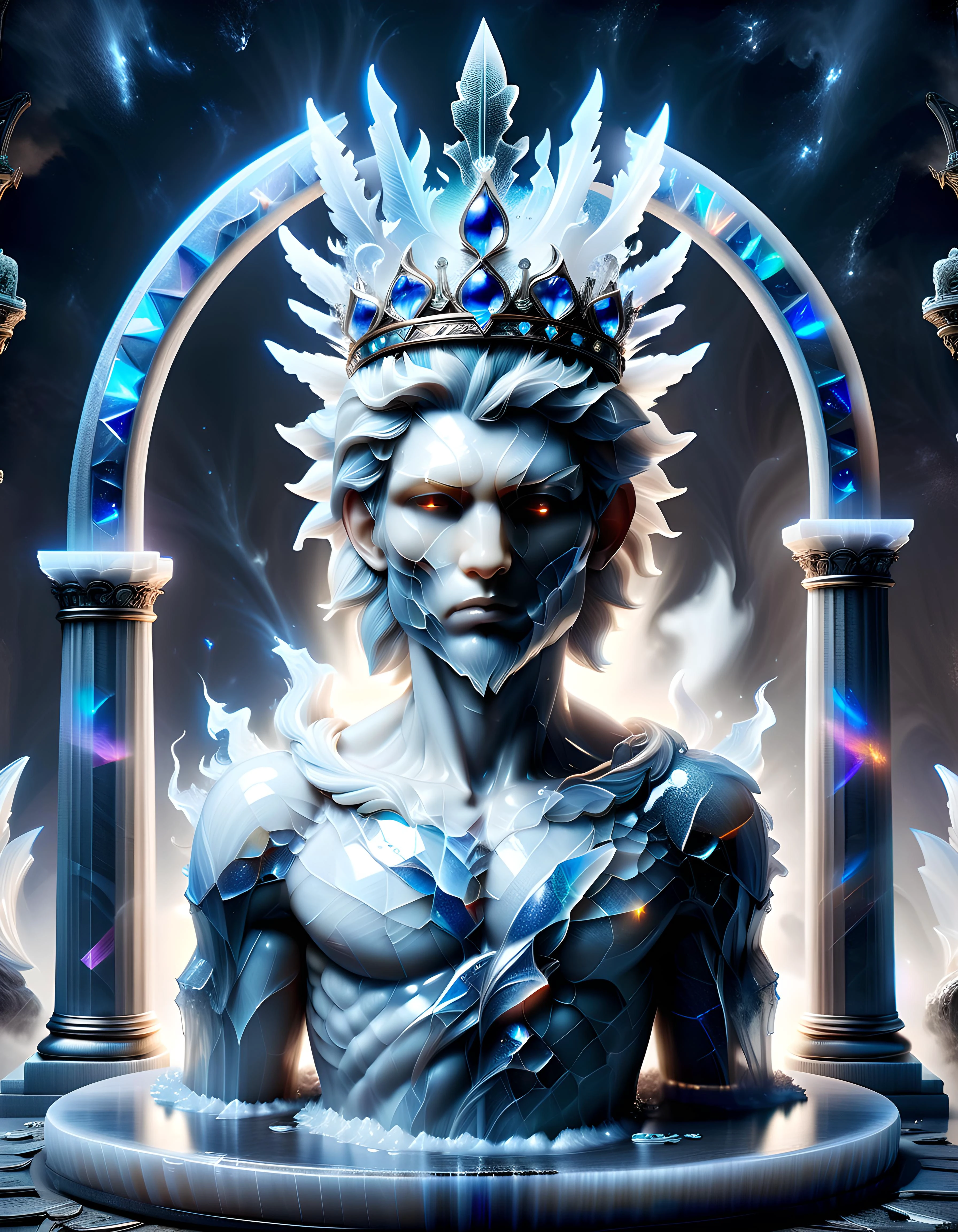 1male white marble In the style of TOK app icon galaxy space art stones, sharp corners, crystals gemstones glowing at night <lora:sdxl_glass:1> portal, <lora:ral-opal-sdxl:0.5> opal <lora:appicons:1> <lora:detailed_notrigger:1>royal crown, altar, large iron chalice, <lora:ral-milkyglass:1> ral-milkyglass pillars, arches,