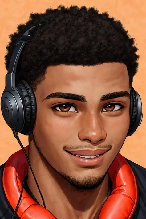 close-up photo portrait of a 25 yo young african man, black short african hair, stubble, brown eyes, excited face expression, headphones, simple background