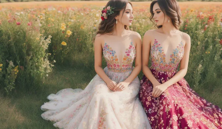 Two womans in ALICIA FLORAL EMBROIDERY GOWN on a beautiful and colorful background, seductive, masterpiece