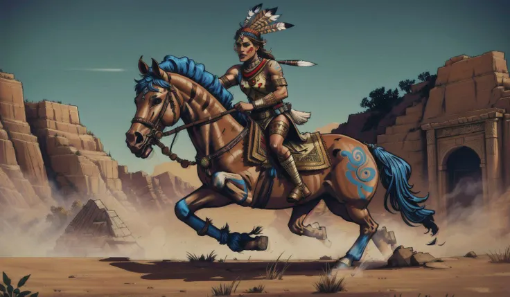 epic, masterpiece, male apache warrior figure in war dress with war bonnets headdress, feirce, ancient village on background, very detailed, full body, face painted, armed figure, intricate native Indian outfit, intricate details, ornate cinematic lighting, high definition, high details, focused