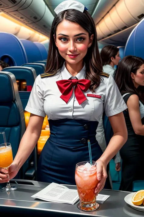UHD, 8k, ultra detailed, a cinematic photograph of a beautiful flight attendant serving drinks to passangers, airplane interior, <lora:XenoDetailer-v2:1>