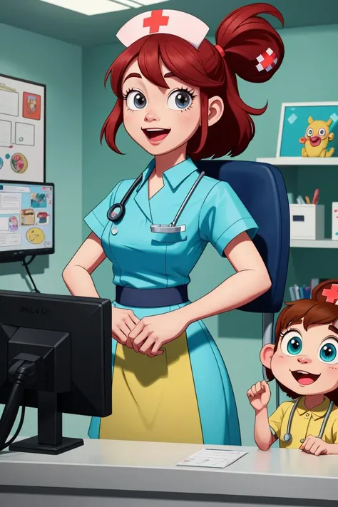 UHD, 8k, ultra detailed, children's cartoon of an adorably cute nurse working night shift at a hospital