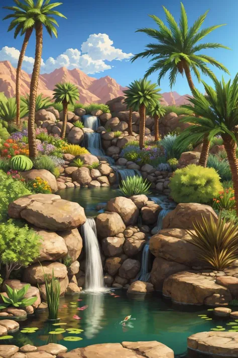 beautiful desert oasis, small waterfall and a pond, palm trees
