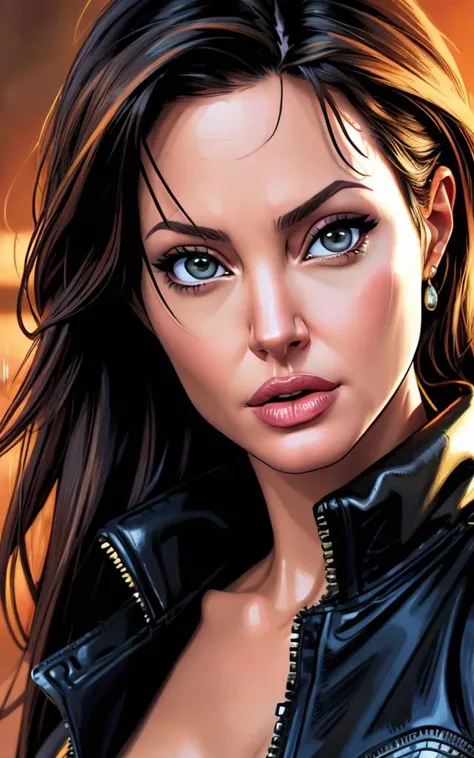 illustration, extremely detailed and realistic (brightly colored digital comic art with stroked outlines), angelina jolie as lara croft, artistic erotica, ominous mood, highly detailed perfect face, best quality, masterpiece, absurdres, by jim lee