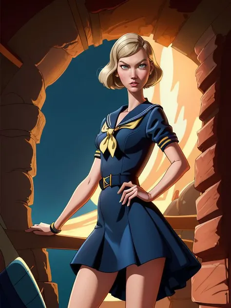 UHD, 8k, ultra detailed American Cel Shaded Pixar Disney Style Cartoon of adult Karlie Kloss, trench, sailor dress ,