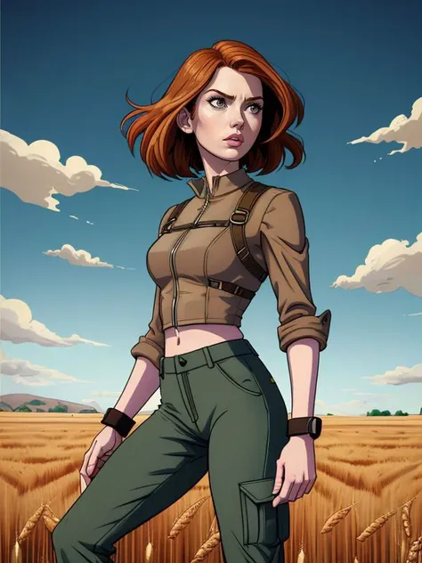 UHD, 8k, ultra detailed American Cel Shaded Dark Wave Art Style Cartoon of adult Karen Gillan, field of wheat, parachute pants ,