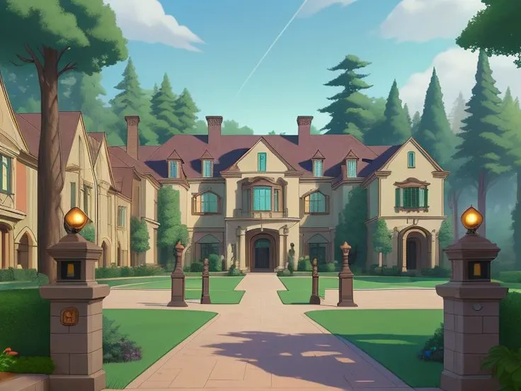 a gated community for billionaires, large mansions, green and woods, exterior, city block, game art, LucasArts game style,