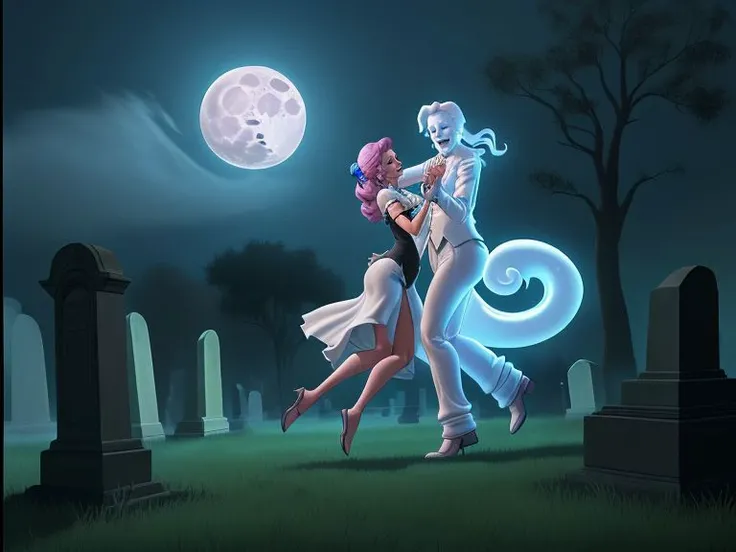 Sexy Female White Whispy Ghosts dancing at a Haunted Cemetery, lots of fog, full moon, LucasArts game style,