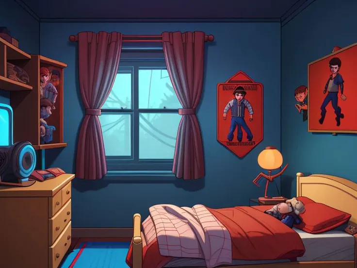 A boy's bedroom, Stranger Things, LucasArts game style,