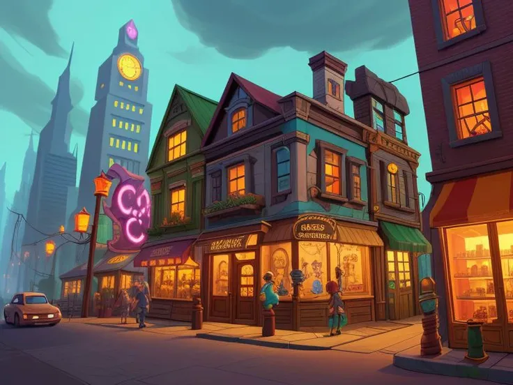 Curio City is an odd curiosity shoppe, exterior, city block, game art, LucasArts game style,