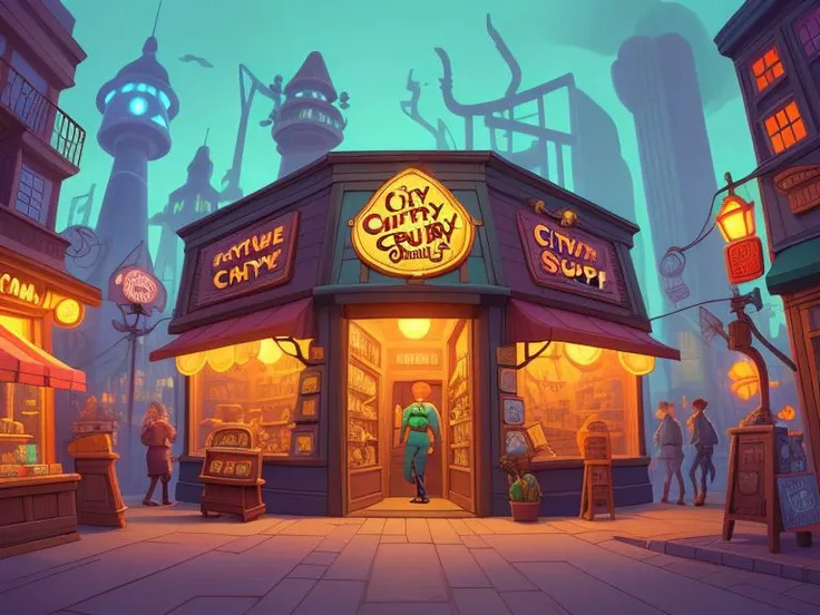Curio City is an odd curiosity shoppe, exterior, city block, game art, LucasArts game style,
