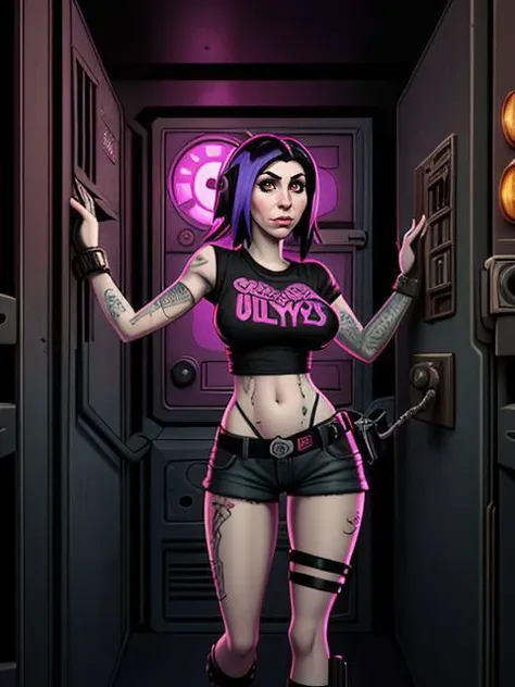 LucasArts Game Style, Joanna Angel in a cyberpunk top and shorts is breaking into a bank vault,