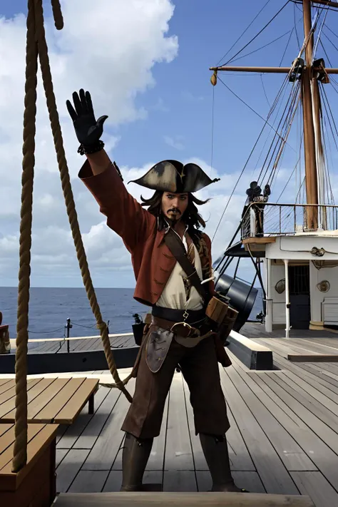 comic, on a ship, gun deck, cannons, ja3cks0 at the cannon, waving at the viewer,
<lora:Wooden_Warship_Interior:0.6> <lora:Jack Sparrow:0.8>