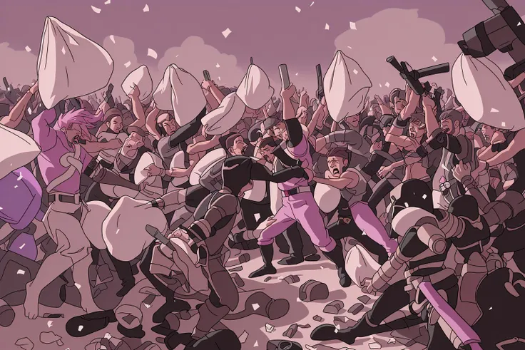 pillow fight, men armed with pillows, lots of pillows, pink, white and violet, epic battle, melee,
<lora:Napoleonic_Era_Battle_Painting:0.8>