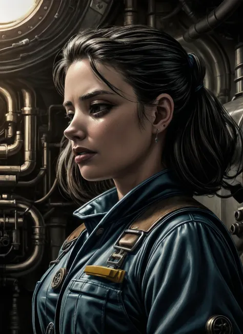woman, portrait, Steampunk Spaceship Mechanic, spaceship engine room interior, real life, masterpiece, extremely detailed, coveralls
