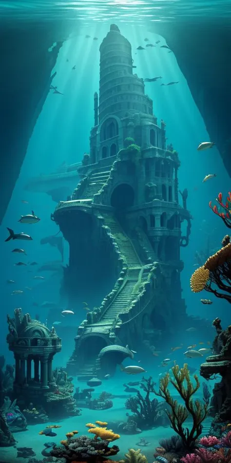underwater ruins, the lost city of Atlantis, UHD 8k, ultra detailed, beautiful lighting, , a cinematic photograph of an ancient underwater civilization, long forgotten, majestic civilization underwater, whales, fish,