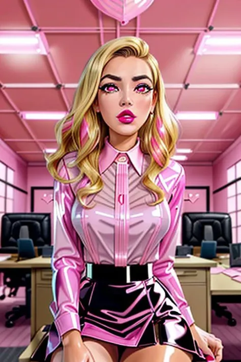masterpiece, best quality, 1girl, professional detailed (medium shot) photo of (brunette with blonde streaks:1.4) (bimbo:0.1) (office gal) wearing (pink latex office blouse:1.4) and (black latex office skirt:1.4), (gleaming oily latex fabric :1.1), (perfect face, gentle face, symmetric face), (sitting in office chair, open legs:1.2), (pink lipstick, pink eyeshadow, mascara:1.3), (solid pink eyes, pink ceiling lights, :O:1.5),