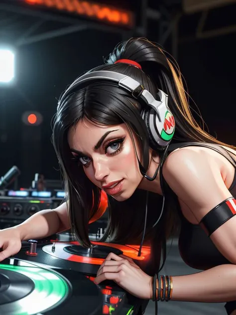 photo RAW, portrait,
dardol is a CannabisPunk DJ at an underground rave club, headphones, mixer and turntables, smiling, music blasting, trance music, musical notes,
lots of people dancing around her,
perfect composition, high detail, hyper realistic,dramatic lighting, epic