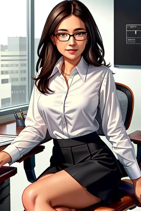 masterpiece, best quality, 1girl, professional detailed (medium shot) photo of (dark brunette:1.4) (casual office lady) wearing (casual white office blouse:1.4) and (casual black office skirt:1.4), (perfect face, gentle face, symmetric face), (sitting in office chair, crossed legs:1.2), (small breasts, glasses)