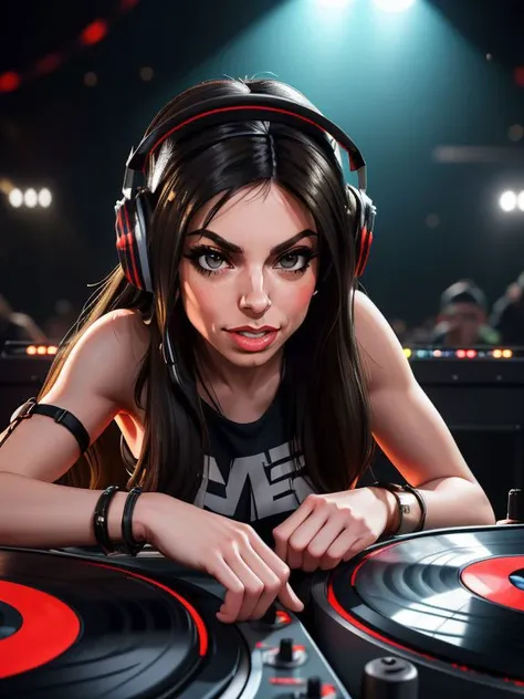 photo RAW, portrait,
dardol is a CannabisPunk DJ at an underground rave club, headphones, mixer and turntables, smiling, music blasting, trance music, musical notes,
lots of people dancing around her,
perfect composition, high detail, hyper realistic,dramatic lighting, epic