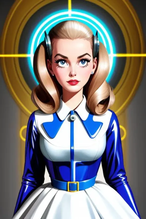 professional detailed photo of (latex 50s stepford housewife fembot) being (brainwashed by mind control forehead chip), (latex 50s stepford housewife dress:1), (high heels:1), (blank eyes:1), (Brainwashing), (Mind Control), (Brainwashing forehead chip),