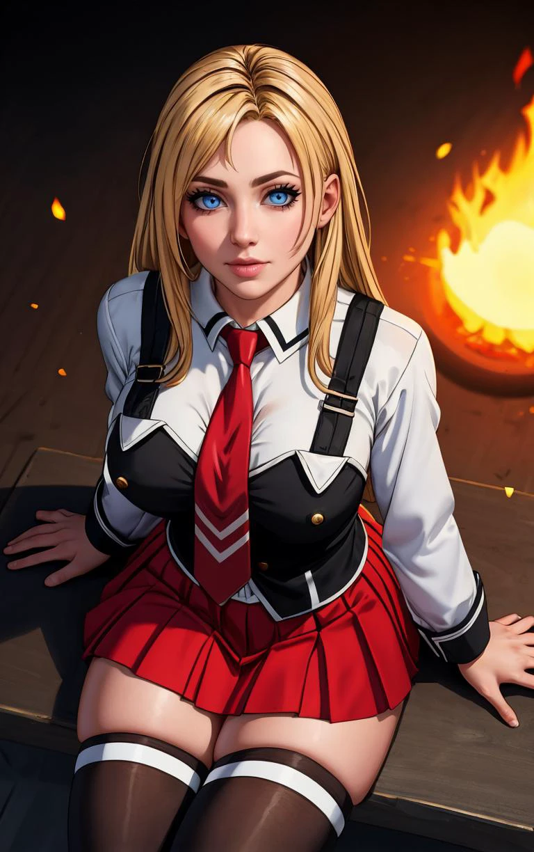 ((masterpiece, best quality)), insaneres, absurdres, solo, outdoors,
CLOTHING_BibleBlack_SchoolDress_ownwaifu,
1girl, blonde hair, long hair, blue eyes,
black vest, red skirt, white shirt, collared shirt, suspenders, school uniform, black thighhighs, zettai ryouiki, necktie, long sleeves, pleated skirt, red necktie,
(from above, sitting)<lora:CLOTHING_BibleBlack_SchoolDress_ownwaifu:0.9>,
lens flare, depth of field, bokeh, embers, vanishing point, looking at viewer,