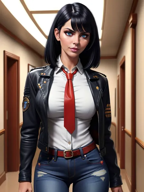 (SFW), UHD, 8k, full color ultra detailed photorealistic digital lineart painting,
black hair with bangs, madivy, leather jacket, jeans, white buttoned (shirt) with red necktie, blue eyes, heavy makeup,
school hallway, sexy mood, flirting, cheeky smile,
perfect composition, high detail, hyper realistic,dramatic lighting, epic
