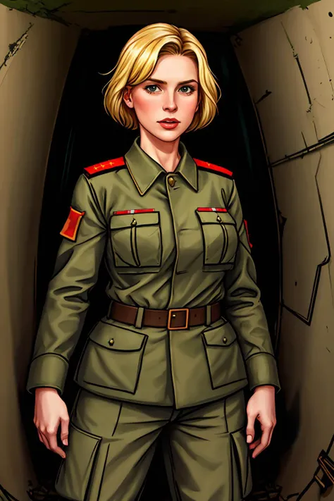 Masterpiece, absurdres, fine detail, HDR, a 30yo white woman with very short blonde hair as a military commander in a bunker,(soviet camouflage uniform)