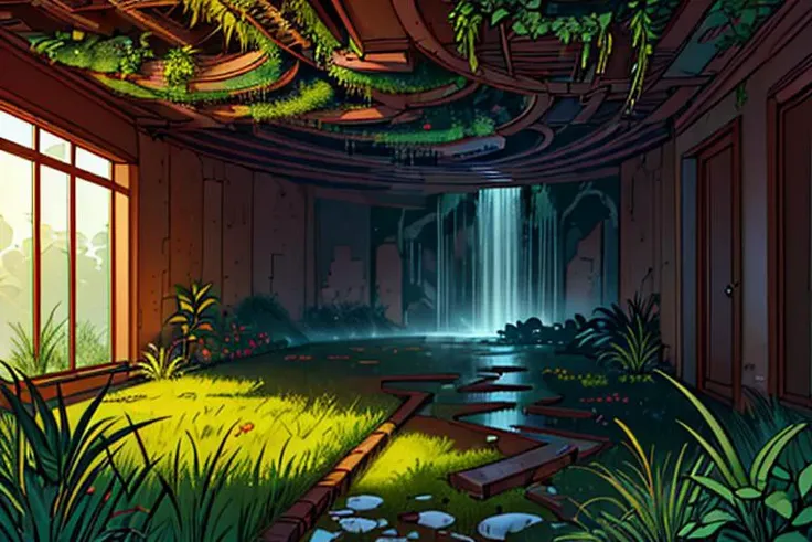(original-art:1.2),(lineart:1.33) abandoned oblique spiral structure concept interior overrun with grass and plants growing from ceiling (flat-colors),hatched-texture,(fine-details:1.2) the wet floor flood waterfall orange unique composition highly detailed