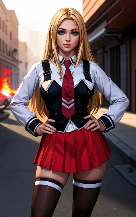 ((masterpiece, best quality)), insaneres, absurdres, solo, outdoors,
CLOTHING_BibleBlack_SchoolDress_ownwaifu, 
1girl, blonde hair,  long hair, blue eyes, 
black vest, red skirt, white shirt, collared shirt, suspenders, school uniform, black thighhighs, zettai ryouiki, necktie, long sleeves, pleated skirt, red necktie, 
(contrapposto, hand on hip)<lora:CLOTHING_BibleBlack_SchoolDress_ownwaifu:1>,
lens flare, depth of field, bokeh, embers, vanishing point, looking at viewer,