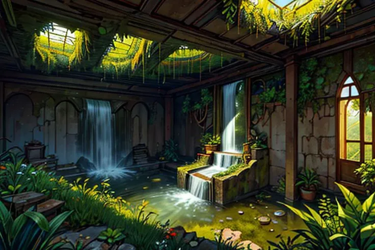 abandoned oblique spiral structure concept interior overrun with grass and plants growing from ceiling the wet floor flood waterfall orange unique composition highly detailed