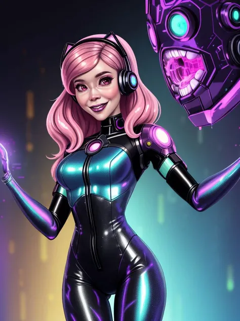 ((SFW)) Cyberpunk Bio-Tech (Belle Delphine), Bio-Holographic Bodysuit, cheeky smile, Cybernetics, metallic skin, shiny skin, Neural Network, Dripping Honey, TikTok Dancing, Twitch Stream,