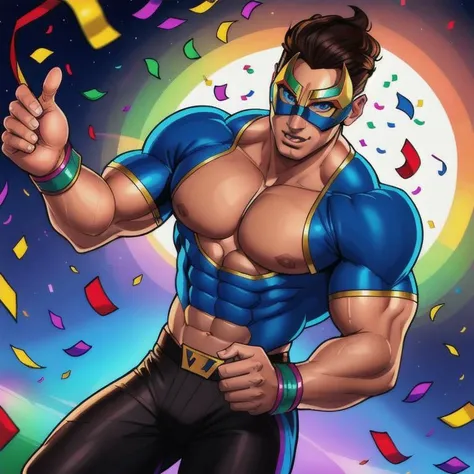 (full body), action, cinematic, (best quality:1.2), (Handsome man summoning confetti:1.5), ((perfect facial ratio, detailed face, (piercing blue eyes, brown hair), perfect body, toned, ((muscle: 0.7)), (mesomorphic frame),((wearing rainbow domino mask: 1.4)), (multicolored outfit: 1.3), (perfect lighting, shadows), mythic, epic, natural skin texture, High definition, 4K, pores,