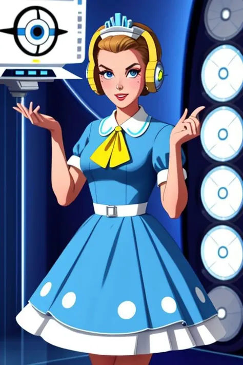 professional detailed photo of (latex 50s stepford housewife fembot) being (brainwashed by mind control forehead chip), (latex 50s stepford housewife dress:1), (high heels:1), (blank eyes:1), (Brainwashing), (Mind Control), (Brainwashing forehead chip),