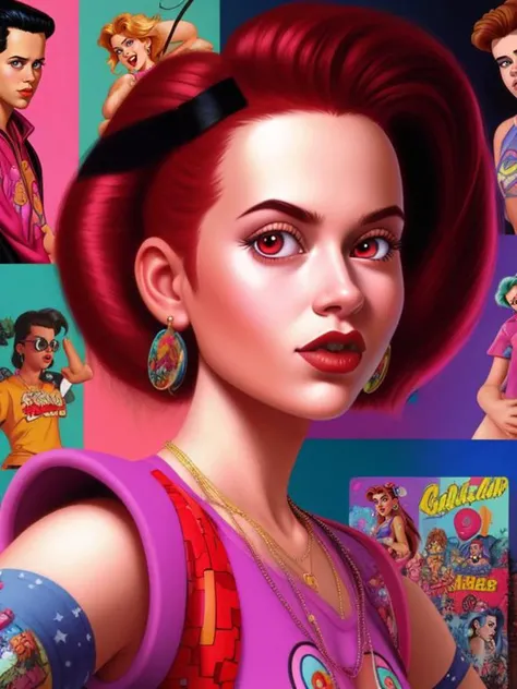 Extremely Detailed Digital CG Art Mashup, multiple views,
A digital mashup of 1990's pop culture fads, icons, and trends,