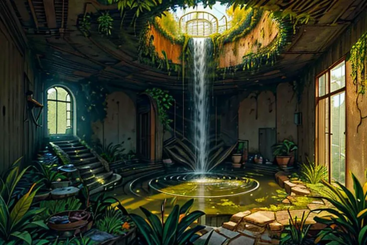 abandoned oblique spiral structure concept interior overrun with grass and plants growing from ceiling the wet floor flood waterfall orange unique composition highly detailed