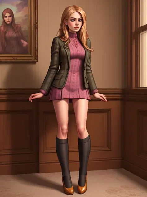 (Drawing:1.3) of (Realistic:1.3) <lora:LCM_LoRA_Weights_SD15:0.8> Reese_Finch wearing corduroy or tweed blazer paired with a floral dress, knee-high socks, and mary jane shoes, Private Apartments perfect hands, feminine hands,,(by Artist Phil Noto:1.3),(by Artist WLOP:1.3),(CGI Art:1.3)